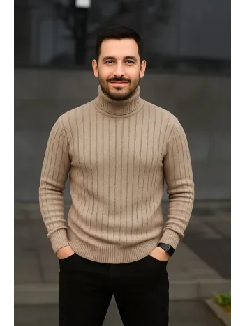 Erkek Fitilli Triko Kazak 2'li Set Bej Siyah Regular Balıkcı Yaka Tam Boğazlı Triko Seti Modeli Kazak