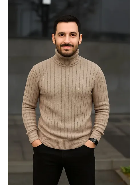Erkek Fitilli Triko Kazak 2'li Set Bej Siyah Regular Balıkcı Yaka Tam Boğazlı Triko Seti Modeli Kazak