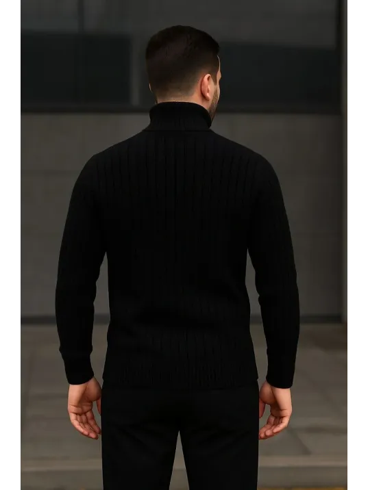 Erkek Fitilli Triko Kazak 3'lÜ Set Gri Haki Siyah Regular Balıkcı Yaka Tam Boğazlı Triko Seti Modeli Kazak