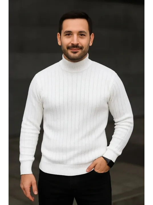 Erkek Fitilli Triko Kazak 2'li Set Beyaz Siyah Regular Balıkcı Yaka Tam Boğazlı Triko Seti Modeli Kazak