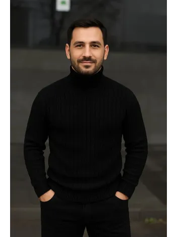 Erkek Fitilli Triko Kazak 3'lÜ Set Bej Haki Siyah Regular Balıkcı Yaka Tam Boğazlı Triko Seti Modeli Kazak