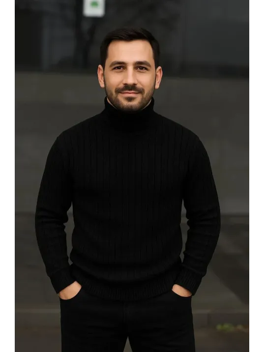 Erkek Fitilli Triko Kazak 3'lÜ Set Gri Haki Siyah Regular Balıkcı Yaka Tam Boğazlı Triko Seti Modeli Kazak