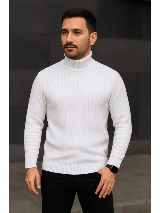 Erkek Fitilli Triko Kazak 2'li Set Beyaz Siyah Regular Balıkcı Yaka Tam Boğazlı Triko Seti Modeli Kazak