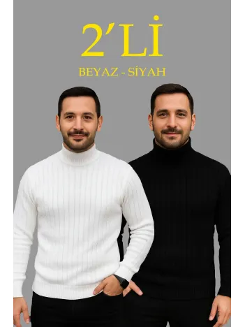 Erkek Fitilli Triko Kazak 2'li Set Beyaz Siyah Regular Balıkcı Yaka Tam Boğazlı Triko Seti Modeli Kazak