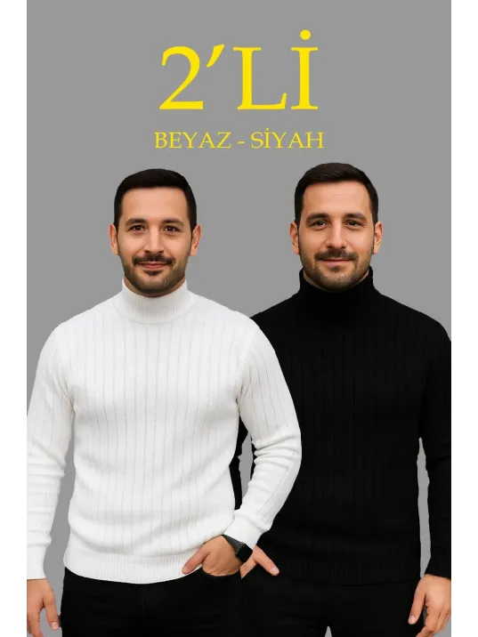 Erkek Fitilli Triko Kazak 2'li Set Beyaz Siyah Regular Balıkcı Yaka Tam Boğazlı Triko Seti Modeli Kazak