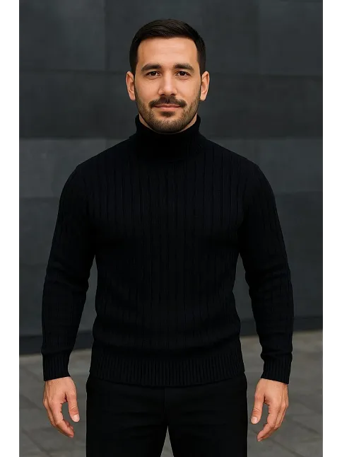 Erkek Fitilli Triko Kazak 3'lü Set Bebek Mavisi Bej Siyah Regular Balıkcı Yaka Tam Boğazlı Triko Seti Modeli Kazak