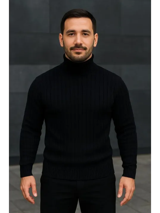 Erkek Fitilli Triko Kazak 3'lÜ Set Gri Haki Siyah Regular Balıkcı Yaka Tam Boğazlı Triko Seti Modeli Kazak