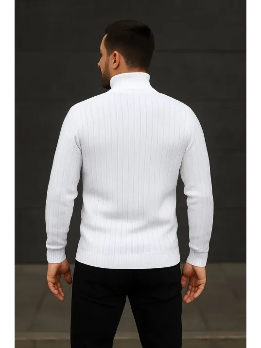 Erkek Fitilli Triko Kazak 2'li Set Beyaz Siyah Regular Balıkcı Yaka Tam Boğazlı Triko Seti Modeli Kazak