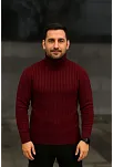 Erkek Fitilli Triko Kazak 2'li Set Bordo Siyah Regular Balıkcı Yaka Tam Boğazlı Triko Seti Modeli Kazak