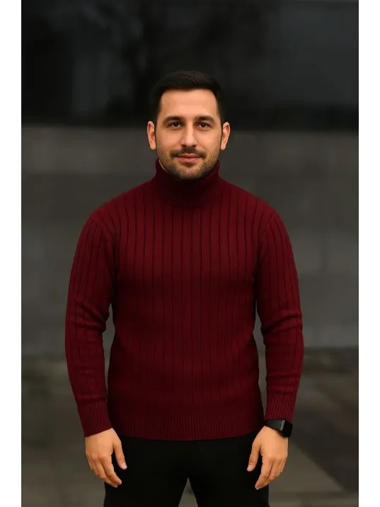 Erkek Fitilli Triko Kazak 2'li Set Bordo Siyah Regular Balıkcı Yaka Tam Boğazlı Triko Seti Modeli Kazak