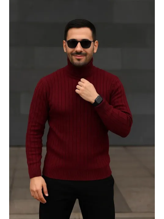 Erkek Fitilli Triko Kazak 2'li Set Bordo Siyah Regular Balıkcı Yaka Tam Boğazlı Triko Seti Modeli Kazak