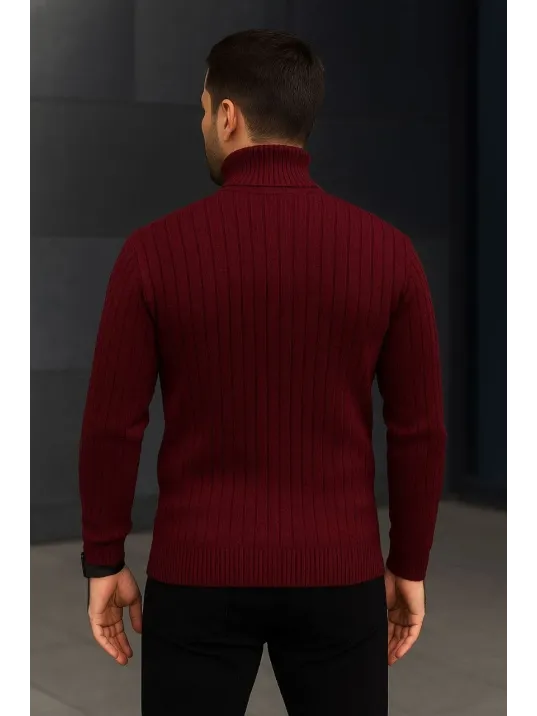 Erkek Fitilli Triko Kazak 2'li Set Bordo Siyah Regular Balıkcı Yaka Tam Boğazlı Triko Seti Modeli Kazak