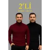 Erkek Fitilli Triko Kazak 2'li Set Bordo Siyah Regular Balıkcı Yaka Tam Boğazlı Triko Seti Modeli Kazak