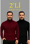 Erkek Fitilli Triko Kazak 2'li Set Bordo Siyah Regular Balıkcı Yaka Tam Boğazlı Triko Seti Modeli Kazak
