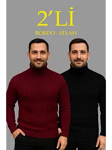 Erkek Fitilli Triko Kazak 2'li Set Bordo Siyah Regular Balıkcı Yaka Tam Boğazlı Triko Seti Modeli Kazak