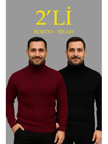 Erkek Fitilli Triko Kazak 2'li Set Bordo Siyah Regular Balıkcı Yaka Tam Boğazlı Triko Seti Modeli Kazak