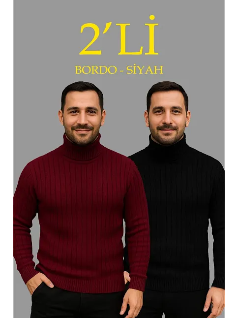 Erkek Fitilli Triko Kazak 2'li Set Bordo Siyah Regular Balıkcı Yaka Tam Boğazlı Triko Seti Modeli Kazak