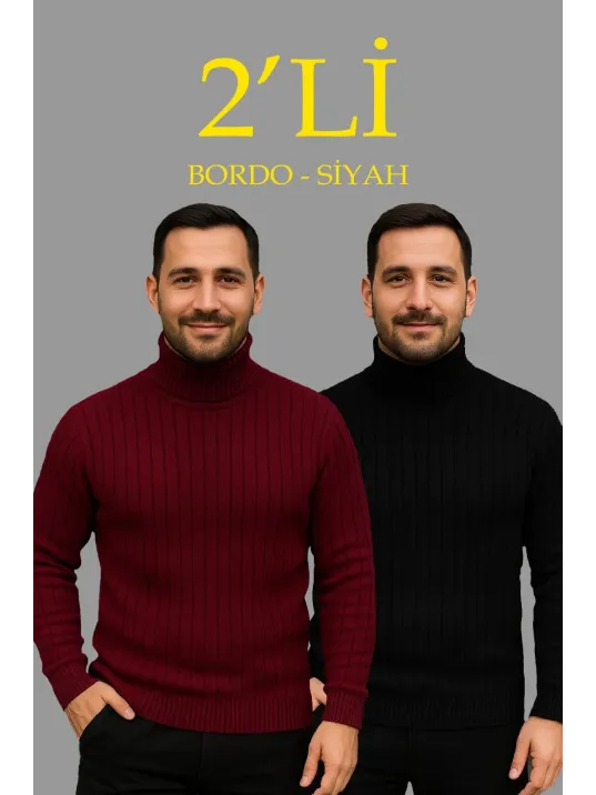 Erkek Fitilli Triko Kazak 2'li Set Bordo Siyah Regular Balıkcı Yaka Tam Boğazlı Triko Seti Modeli Kazak
