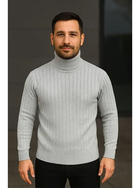 Erkek Fitilli Triko Kazak 2'li Set Gri Siyah Regular Balıkcı Yaka Tam Boğazlı Triko Seti Modeli Kazak