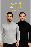Erkek Fitilli Triko Kazak 2'li Set Gri Siyah Regular Balıkcı Yaka Tam Boğazlı Triko Seti Modeli Kazak