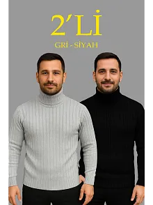 Erkek Fitilli Triko Kazak 2'li Set Gri Siyah Regular Balıkcı Yaka Tam Boğazlı Triko Seti Modeli Kazak