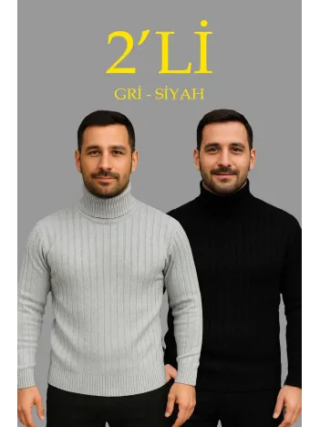 Erkek Fitilli Triko Kazak 2'li Set Gri Siyah Regular Balıkcı Yaka Tam Boğazlı Triko Seti Modeli Kazak