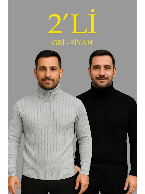 Erkek Fitilli Triko Kazak 2'li Set Gri Siyah Regular Balıkcı Yaka Tam Boğazlı Triko Seti Modeli Kazak
