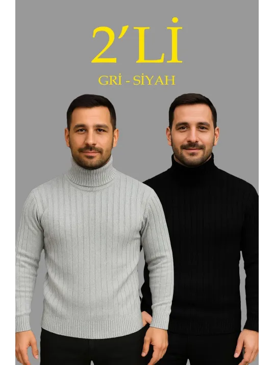 Erkek Fitilli Triko Kazak 2'li Set Gri Siyah Regular Balıkcı Yaka Tam Boğazlı Triko Seti Modeli Kazak Erkek Fitilli Triko Kazak 2'li Set Gri Siyah Regular Balıkcı Yaka Tam Boğazlı Triko Seti Modeli Kazak