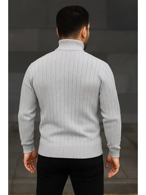 Erkek Fitilli Triko Kazak 2'li Set Gri Siyah Regular Balıkcı Yaka Tam Boğazlı Triko Seti Modeli Kazak