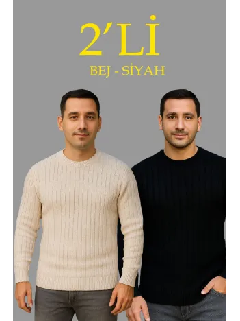 Erkek Fitilli Triko Kazak 2’li Set – Bej & Beyaz, Kalın Dokuma Pamuklu Regular Fit Bisiklet Yaka Uzun Kollu Rahat Kışlık Kazak Kombini