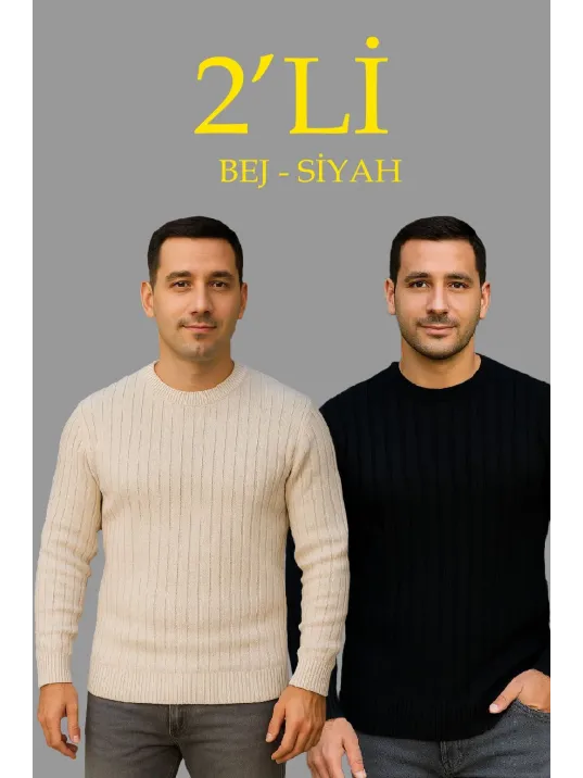 Erkek Fitilli Triko Kazak 2’li Set – Bej & Beyaz, Kalın Dokuma Pamuklu Regular Fit Bisiklet Yaka Uzun Kollu Rahat Kışlık Kazak Kombini Erkek Fitilli Triko Kazak 2’li Set – Bej & Beyaz, Kalın Dokuma Pamuklu Regular Fit Bisiklet Yaka Uzun Kollu Rahat Kışlık Kazak Kombini