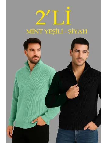 Erkek Fitilli Triko Kazak 2’li Set –  Mint Yeşili & Siyah, Kalın Dokuma Pamuklu Regular Fit V Yaka Fermuarlı Uzun Kollu Rahat Kışlık Kazak Kombini