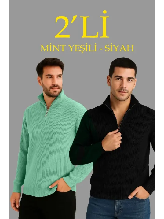 Erkek Fitilli Triko Kazak 2’li Set – Mint Yeşili & Siyah, Kalın Dokuma Pamuklu Regular Fit V Yaka Fermuarlı Uzun Kollu Rahat Kışlık Kazak Kombini Erkek Fitilli Triko Kazak 2’li Set – Mint Yeşili & Siyah, Kalın Dokuma Pamuklu Regular Fit V Yaka Fermuarlı Uzun Kollu Rahat Kışlık Kazak Kombini