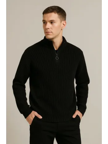 Erkek Fitilli Triko Kazak 2’li Set – Siyah & Bej Kalın Dokuma Pamuklu Regular Fit V Yaka Fermuarlı Uzun Kollu Rahat Kışlık Kazak Kombini