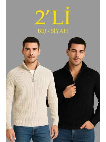 Erkek Fitilli Triko Kazak 2’li Set – Siyah & Bej Kalın Dokuma Pamuklu Regular Fit V Yaka Fermuarlı Uzun Kollu Rahat Kışlık Kazak Kombini