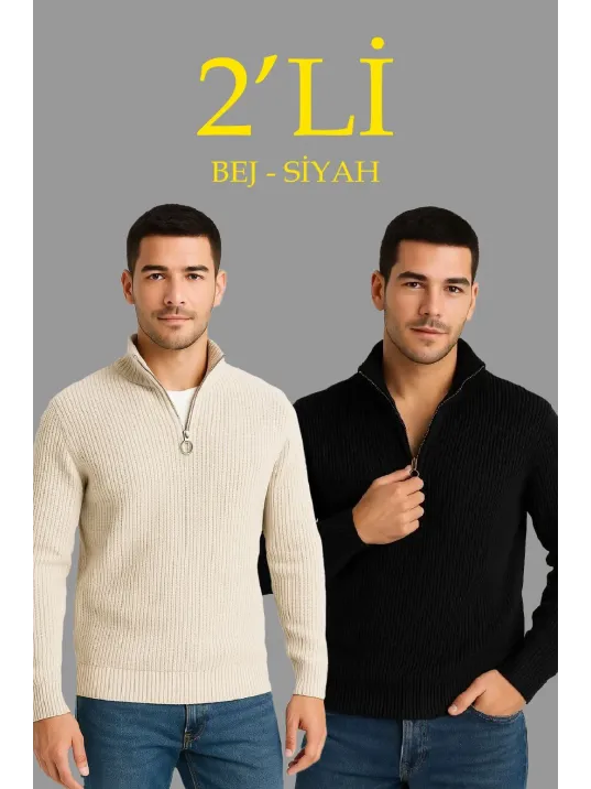 Erkek Fitilli Triko Kazak 2’li Set – Siyah & Bej Kalın Dokuma Pamuklu Regular Fit V Yaka Fermuarlı Uzun Kollu Rahat Kışlık Kazak Kombini