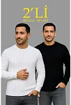 Erkek Fitilli Triko Kazak 2’li Set Siyah Beyaz Kalın Dokuma Pamuklu Regular Fit Bisiklet