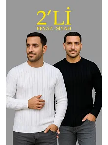 Erkek Fitilli Triko Kazak 2’li Set Siyah Beyaz Kalın Dokuma Pamuklu Regular Fit Bisiklet