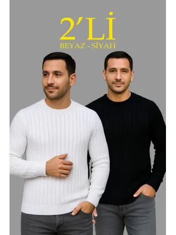 Erkek Fitilli Triko Kazak 2’li Set – Siyah & Beyaz, Kalın Dokuma Pamuklu Regular Fit Bisiklet Yaka Uzun Kollu Rahat Kışlık Kazak Kombini