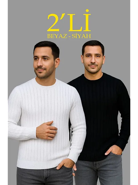 Erkek Fitilli Triko Kazak 2’li Set Siyah Beyaz Kalın Dokuma Pamuklu Regular Fit Bisiklet