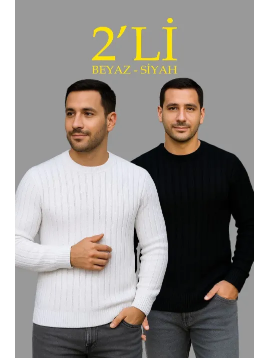 Erkek Fitilli Triko Kazak 2’li Set – Siyah & Beyaz, Kalın Dokuma Pamuklu Regular Fit Bisiklet Yaka Uzun Kollu Rahat Kışlık Kazak Kombini Erkek Fitilli Triko Kazak 2’li Set – Siyah & Beyaz, Kalın Dokuma Pamuklu Regular Fit Bisiklet Yaka Uzun Kollu Rahat Kışlık Kazak Kombini