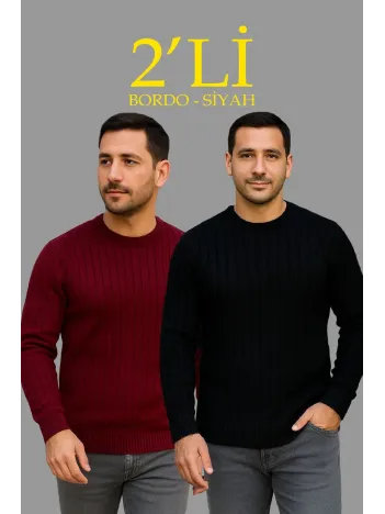 Erkek Fitilli Triko Kazak 2’li Set – Siyah & Bordo, Kalın Dokuma Pamuklu Regular Fit Bisiklet Yaka Uzun Kollu Rahat Kışlık Kazak Kombini