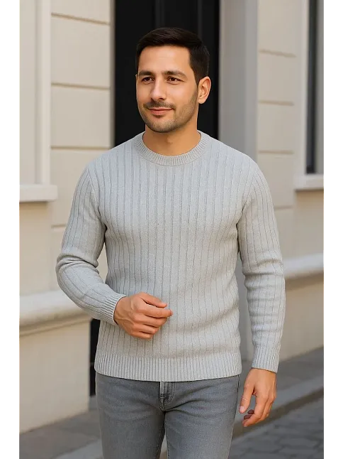 Erkek Fitilli Triko Kazak 2’li Set Siyah Gri Kalın Dokuma Pamuklu Regular Fit Bisiklet