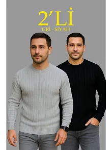 Erkek Fitilli Triko Kazak 2’li Set Siyah Gri Kalın Dokuma Pamuklu Regular Fit Bisiklet