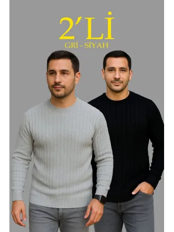 Erkek Fitilli Triko Kazak 2’li Set – Siyah & Gri, Kalın Dokuma Pamuklu Regular Fit Bisiklet Yaka Uzun Kollu Rahat Kışlık Kazak Kombini