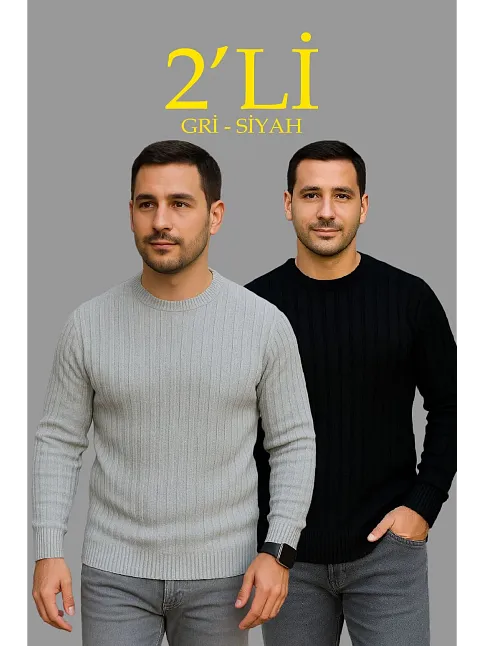 Erkek Fitilli Triko Kazak 2’li Set Siyah Gri Kalın Dokuma Pamuklu Regular Fit Bisiklet