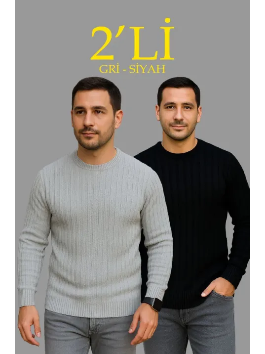 Erkek Fitilli Triko Kazak 2’li Set – Siyah & Gri, Kalın Dokuma Pamuklu Regular Fit Bisiklet Yaka Uzun Kollu Rahat Kışlık Kazak Kombini Erkek Fitilli Triko Kazak 2’li Set – Siyah & Gri, Kalın Dokuma Pamuklu Regular Fit Bisiklet Yaka Uzun Kollu Rahat Kışlık Kazak Kombini
