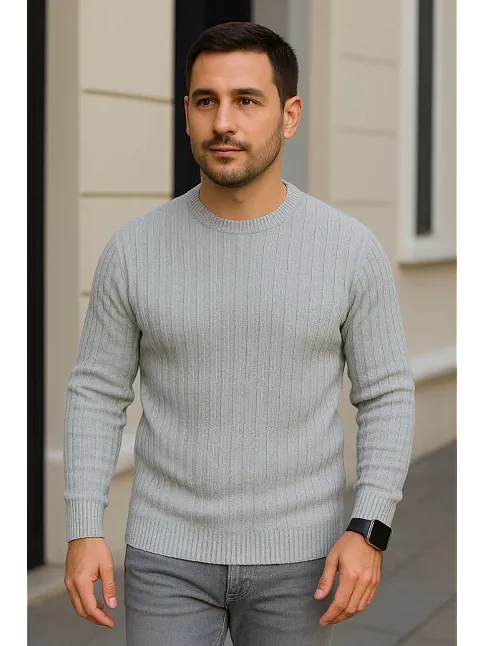 Erkek Fitilli Triko Kazak 2’li Set Siyah Gri Kalın Dokuma Pamuklu Regular Fit Bisiklet
