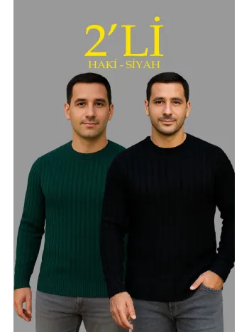 Erkek Fitilli Triko Kazak 2’li Set – Siyah & Haki, Kalın Dokuma Pamuklu Regular Fit Bisiklet Yaka Uzun Kollu Rahat Kışlık Kazak Kombini