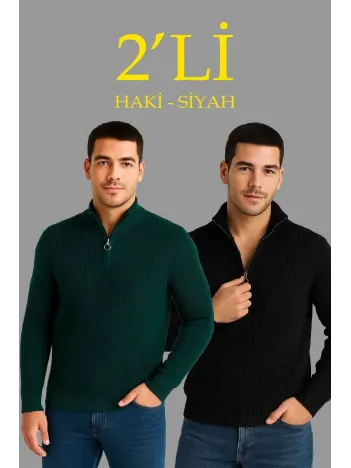 Erkek Fitilli Triko Kazak 2’li Set – Siyah & Haki Kalın Dokuma Pamuklu Regular Fit V Yaka Fermuarlı Uzun Kollu Rahat Kışlık Kazak Kombini